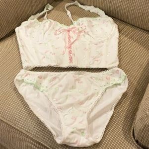 Bra and matching panties with cute pink flowers and green leaves
